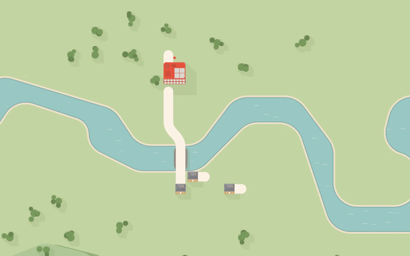 One road drawn across a bridge to the first houses